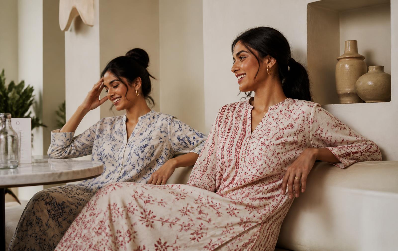 Two women in printed cotton kurtas in a soft-lit minimal interior