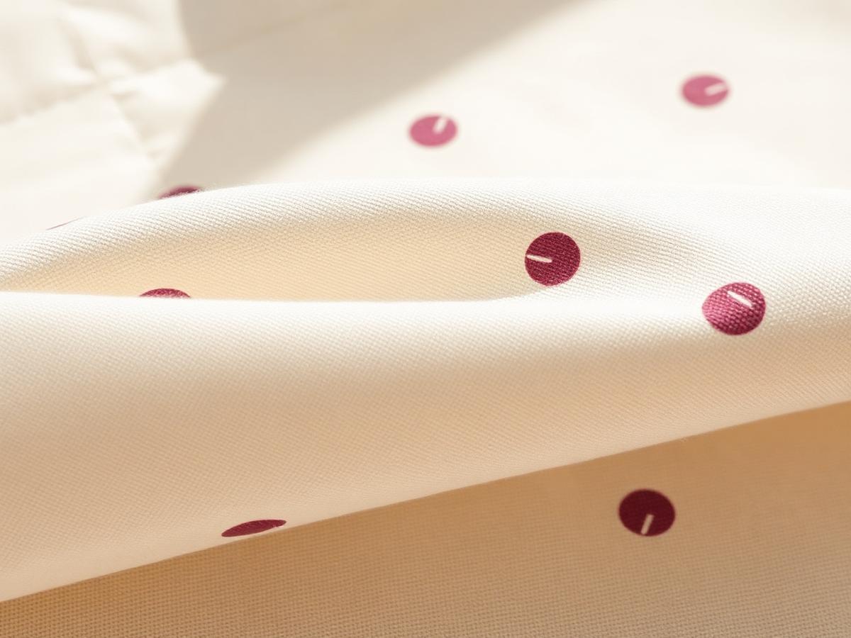 Close-up of ivory cotton with a plum polka print