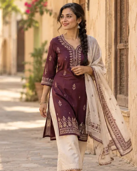 Woman in a plum kurta and cream dupatta walking down a heritage alley