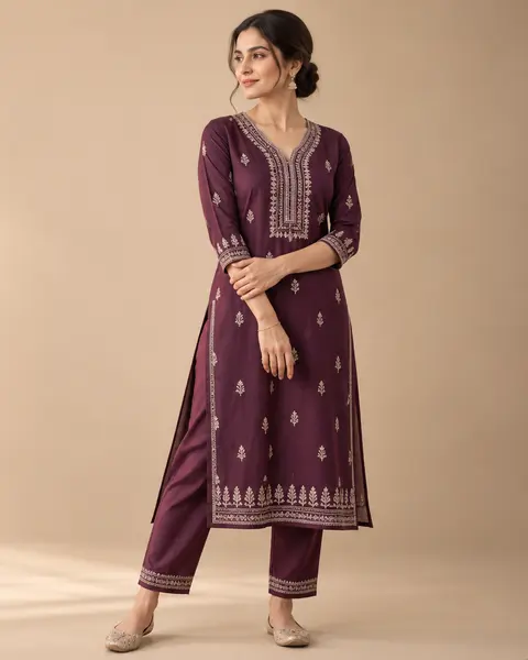 Woman in a plum embroidered cotton kurta set